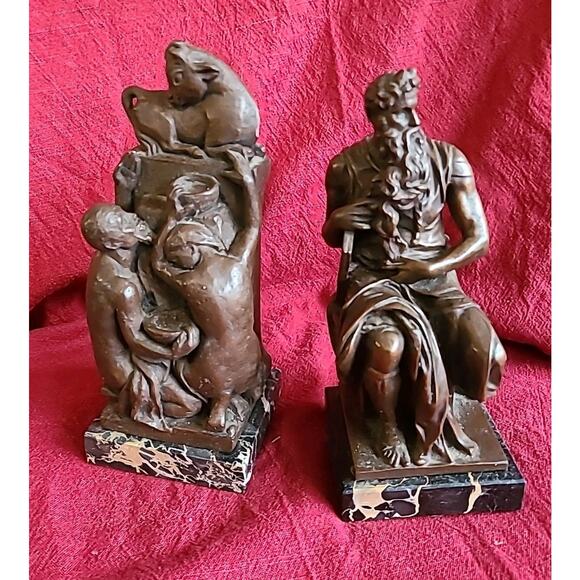 Alva Studios Museum NYC Brass Marble Bookends Set Michelangelo &J.Kendu Cow 1962 - Picture 1 of 10